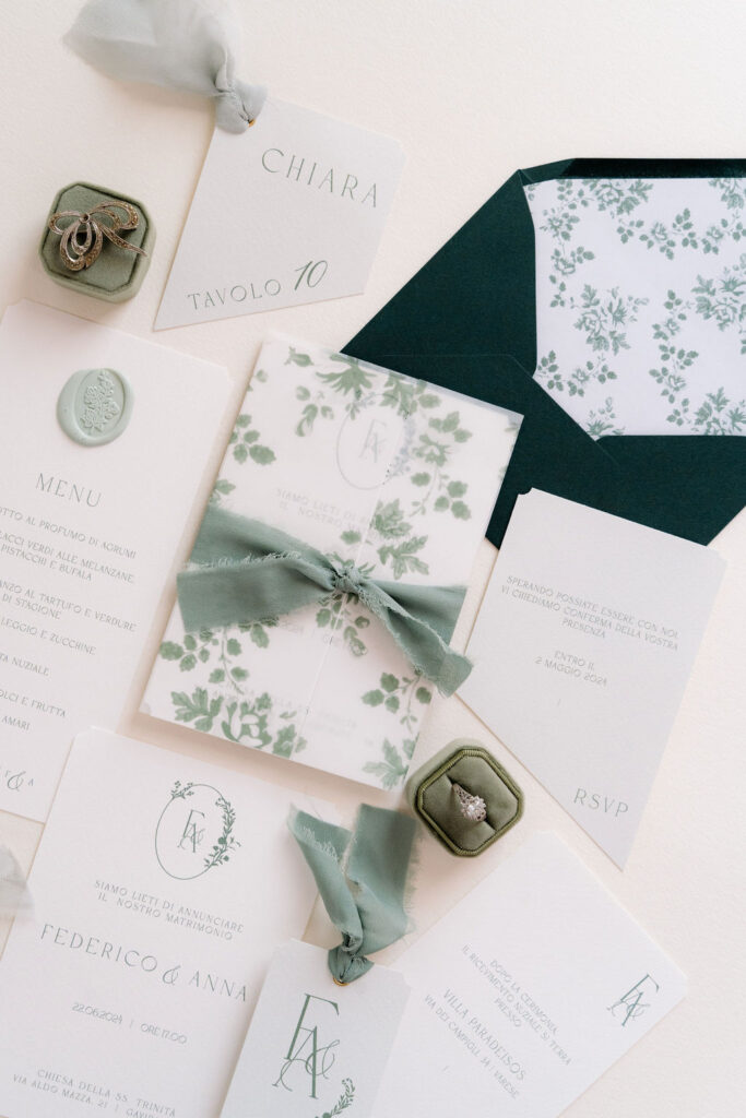 Italian style wedding stationery suite with ribbons and floral pattern