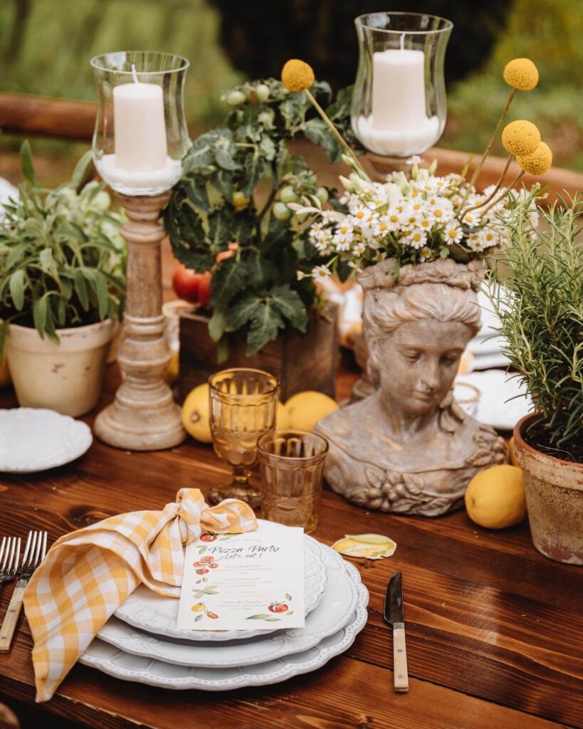 Destination wedding in Italy pre wedding pizza party table style